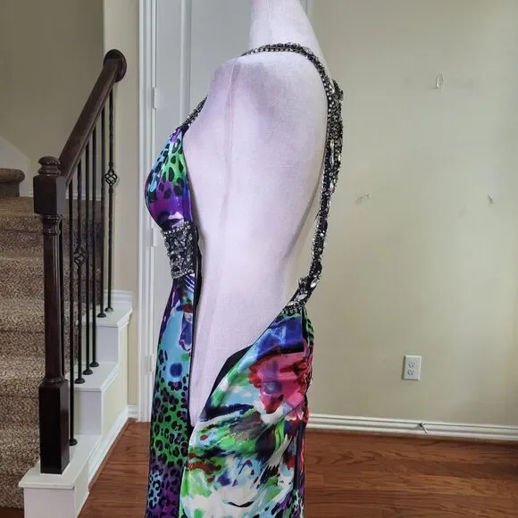 Xscape Y2K Slip Prom Gown Purple 10 Beaded Leopard Print Train Formal Open Back - Picture 8 of 17